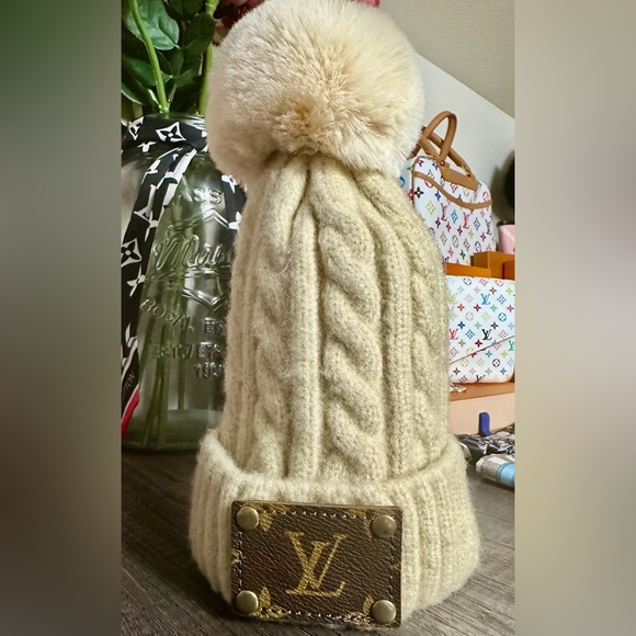 Louis Vuitton Cream Cable Knit Beanie with Pom Pom
